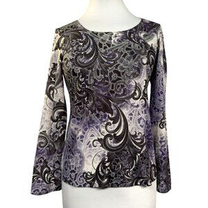 Chico's Zynergy Embellished Paisley Pullover Long Sleeve Top 0 XS-S Made in USA